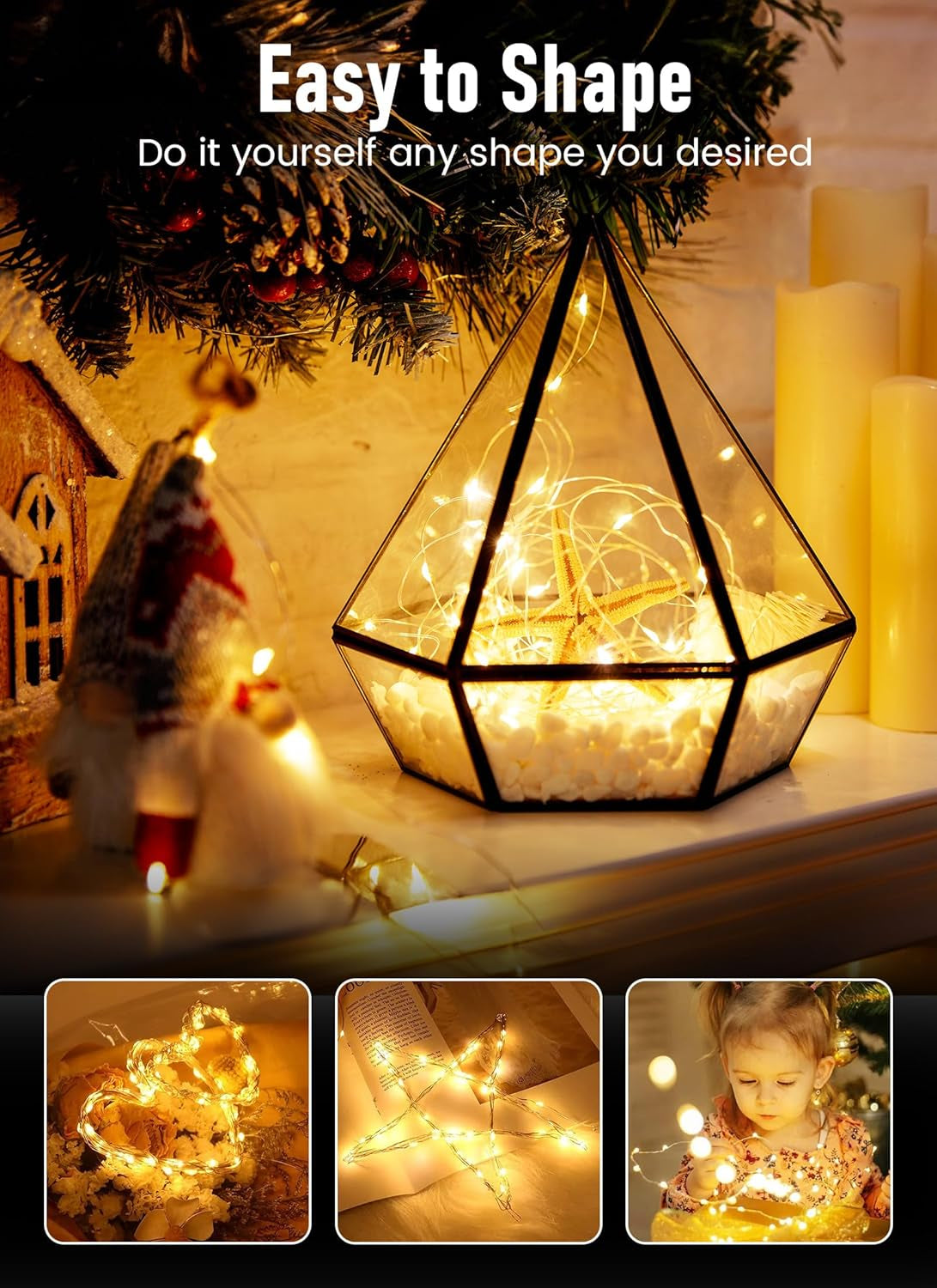 Fairy Lights Plug In, 40Ft 120 LED Waterproof Copper Wire Firefly Lights, with UL Adaptor, Starry String Lights for Wedding Indoor Outdoor Christmas Garden Decoration, Warm White(No Remote)